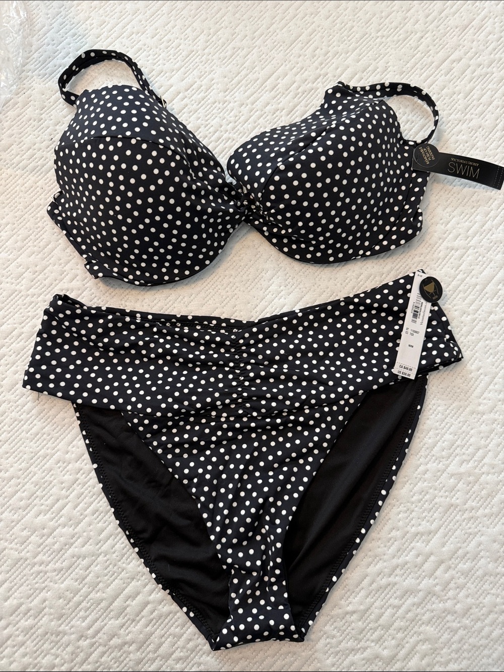 Victoria’s Secret bikini 2 piece black white polkadot push-up M bottom 36D top